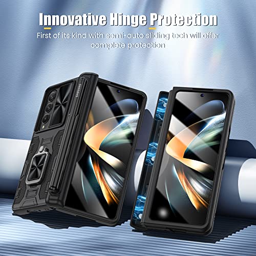 Caka for Z Fold 4 Case, Galaxy Z Fold 4 Case with Screen Protector & S Pen Holder, Kickstand Ring Stand Camera Cover & Hinge Protection Phone Case for Samsung Galaxy Z Fold 4 5G 2022-Black