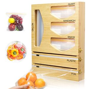 kmotasuo bamboo ziplock bag organizer for drawer, 6 in 1 food storage bag organizer wrap dispenser with cutter, great for quart gallon sandwich snack bags & foil plastic wrap (6 in 1)