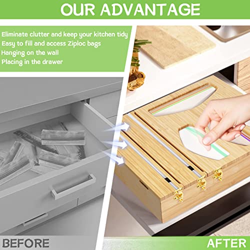 KMOTASUO Bamboo Ziplock Bag Organizer for Drawer, 6 in 1 Food Storage Bag Organizer Wrap Dispenser with Cutter, Great for Quart Gallon Sandwich Snack Bags & Foil Plastic Wrap (6 in 1)