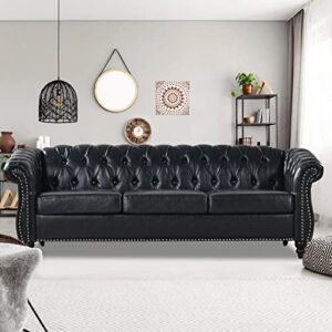 vaztrlus chesterfield sofas for living room, rolled arm 3-seater leather 84" large couch deep button nailhead tufted black upholstered couches for bedroom, office apartment easy to assemble