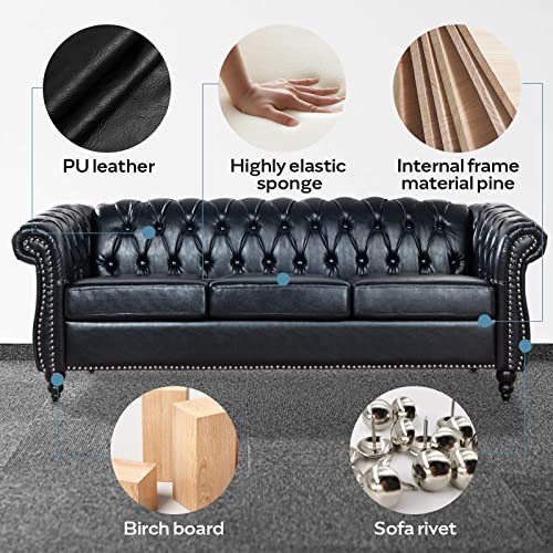 Vaztrlus Chesterfield Sofas for Living Room, Rolled Arm 3-Seater Leather 84" Large Couch Deep Button Nailhead Tufted Black Upholstered Couches for Bedroom, Office Apartment Easy to Assemble