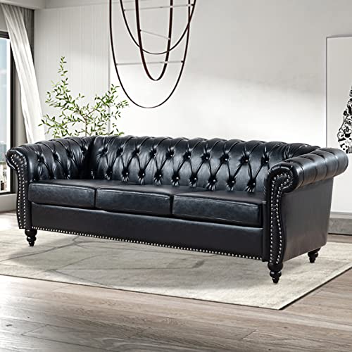 Vaztrlus Chesterfield Sofas for Living Room, Rolled Arm 3-Seater Leather 84" Large Couch Deep Button Nailhead Tufted Black Upholstered Couches for Bedroom, Office Apartment Easy to Assemble