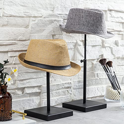 MyGift Adjustable 17.5 Inch Hat Rack Stand with Fabric Covered Dome, Tabletop Black Metal Hat, Wig, Veil and Head Accessories Display Holder, Adjust 11.5 to 17.5 Inch Height, Set of 2