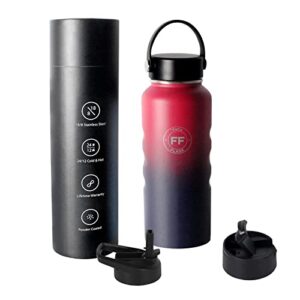 feco flask water bottle - 32 oz, interchangeable lids, leak proof, vacuum insulated stainless steel, double walled, thermo mug, metal canteen
