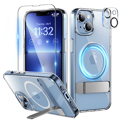 Niunisi Magnetic Case for iPhone 14 Case 6.1-Inch (2022), Slim Kickstand with Screen Protector Compatible with Magsafe Shockproof Crystal Clear Cases Phone Case Cover, Clear