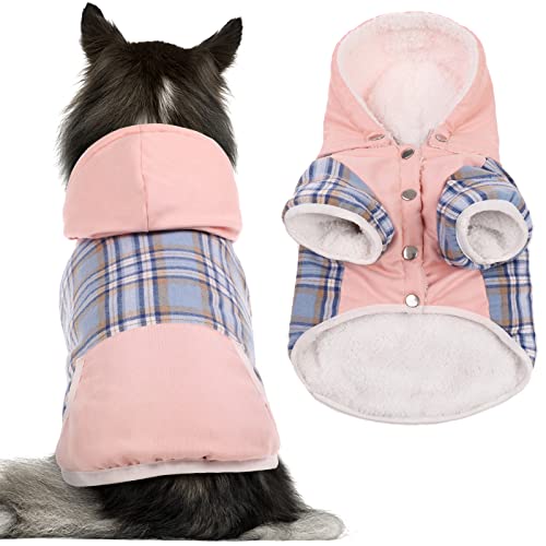 Dog Coat Plaid Dog Cold Weather Jacket with Hood, Extra Warm Fleece Lining Dog Hoodies Sweater Outfit for Puppy Small Medium Large Dogs,Dog Winter Clothes Vest Pullover Apparel Hooded Shirts