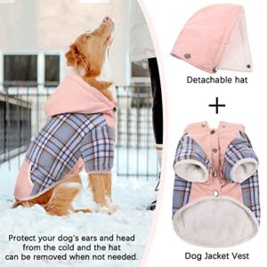 Dog Coat Plaid Dog Cold Weather Jacket with Hood, Extra Warm Fleece Lining Dog Hoodies Sweater Outfit for Puppy Small Medium Large Dogs,Dog Winter Clothes Vest Pullover Apparel Hooded Shirts