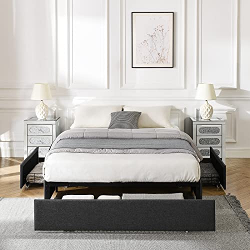 Alohappy Full Size Platform Bed Frame with 3 Storage Drawers,Upholstered Mattress Foundation with Wooden Slats Support,No Box Spring Needed,Modern Style(Dark Grey)