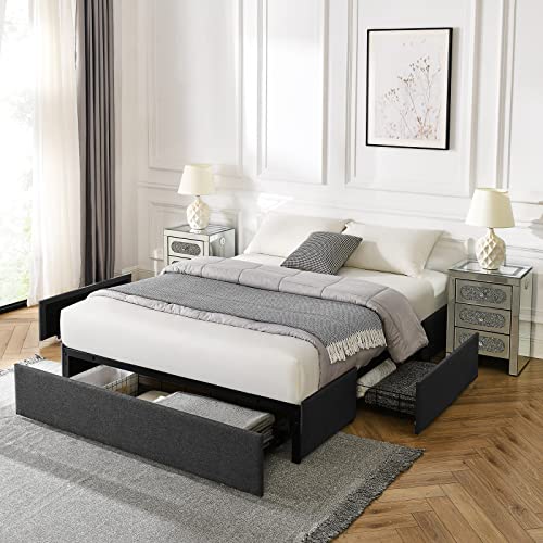 Alohappy Full Size Platform Bed Frame with 3 Storage Drawers,Upholstered Mattress Foundation with Wooden Slats Support,No Box Spring Needed,Modern Style(Dark Grey)