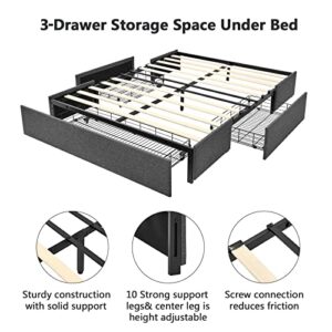 Alohappy Full Size Platform Bed Frame with 3 Storage Drawers,Upholstered Mattress Foundation with Wooden Slats Support,No Box Spring Needed,Modern Style(Dark Grey)