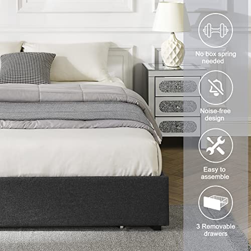 Alohappy Full Size Platform Bed Frame with 3 Storage Drawers,Upholstered Mattress Foundation with Wooden Slats Support,No Box Spring Needed,Modern Style(Dark Grey)