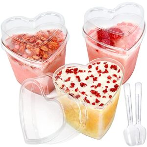 hawhawtoys 60 pack dessert cups with lids and spoons, 5 oz heart shaped clear plastic appetizer parfait cups for mother's day gift, wedding, bridal shower