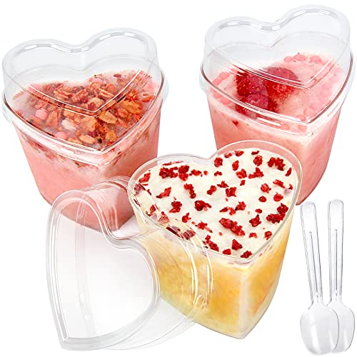 HawHawToys 60 Pack Dessert Cups with Lids and Spoons, 5 oz Heart Shaped Clear Plastic Appetizer Parfait cups for Mother's Day Gift, Wedding, Bridal Shower