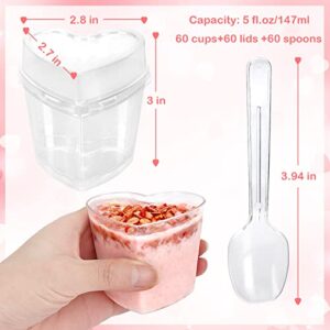 HawHawToys 60 Pack Dessert Cups with Lids and Spoons, 5 oz Heart Shaped Clear Plastic Appetizer Parfait cups for Mother's Day Gift, Wedding, Bridal Shower