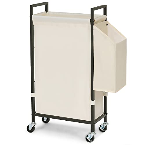 Slim Laundry Hamper with Wheels; 66L Narrow Rolling Laundry Basket with Removable Oxford Liner Bag; Thin Dirty Clothes Hamper with Sturdy Metal Frame; Tall Laundry Basket with Side Pocket (Beige)