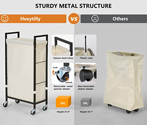 Slim Laundry Hamper with Wheels; 66L Narrow Rolling Laundry Basket with Removable Oxford Liner Bag; Thin Dirty Clothes Hamper with Sturdy Metal Frame; Tall Laundry Basket with Side Pocket (Beige)