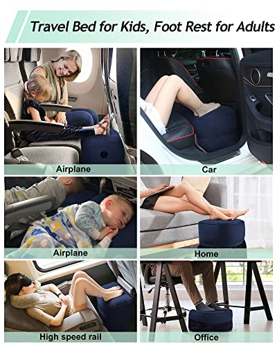 JefDiee Inflatable Travel Foot Rest Pillow, Kids Airplane Bed, Adjustable 3 Layers Height Leg Rest Pillow, Adults Travel Essentials Great for Airplane, Office, Home, Trains, Cars (Blue)