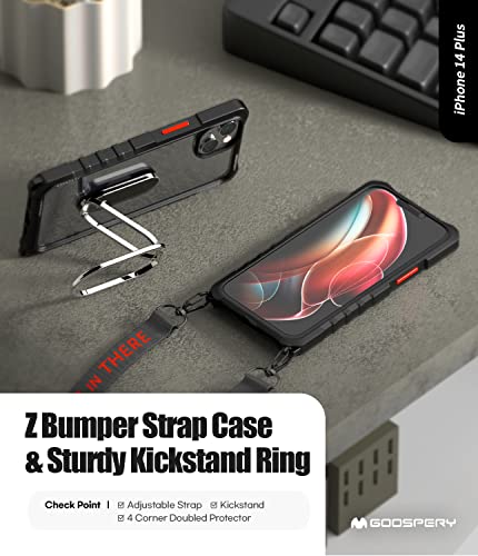 GOOSPERY Z Bumper 360° Sturdy Kickstand Ring Holder Crossbody Compatible with iPhone 14 Plus Case [Strap Included] Dual Layer Structure TPU EdgeClear Cover with Strap, Black