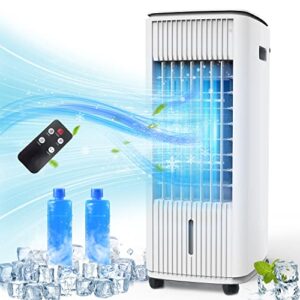 evaporative air cooler air conditioner portable with remote control, 50 degree oscillation, 3 speeds & adjustable modes, 15 hour timer with ice packs for home office school outdoor