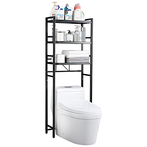 WCHOSOZH Bathroom Shelf Over Toilet, Telescopic Over The Toilet Space Saver with 6 Hooks, 3 Tier Freestanding Bathroom Organizer Storage Rack (Black)