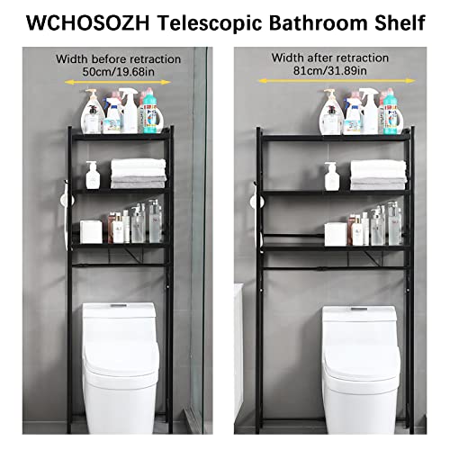 WCHOSOZH Bathroom Shelf Over Toilet, Telescopic Over The Toilet Space Saver with 6 Hooks, 3 Tier Freestanding Bathroom Organizer Storage Rack (Black)