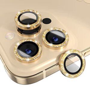 choiche [3+1] for iphone 14 pro/iphone 14 pro max camera lens protector bling, 9h tempered glass camera cover screen protector metal ring decoration accessories (glitter-gold)