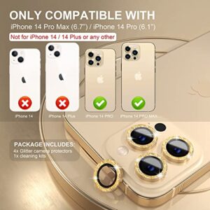 Choiche [3+1] for iPhone 14 Pro/iPhone 14 Pro Max Camera Lens Protector Bling, 9H Tempered Glass Camera Cover Screen Protector Metal Ring Decoration Accessories (Glitter-Gold)