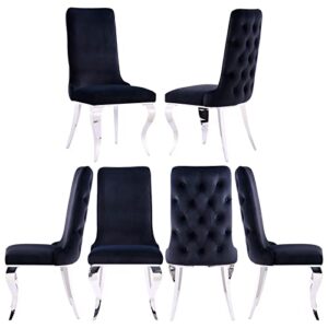 azhome dining chairs, black velvet upholstered dining room chairs in buttons tufted backrest, high back heavy duty dining chair with silver mirrored stainless steel legs, set of 6