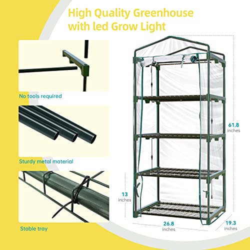Mini Greenhouse with Grow Light , 4 Tier 27.2"L×19.9"W×61.8"H Portable Greenhouse with Zippered PVC Cover for Seed Starting Trays , Dimmable 2ft 60W Plant Light for Indoor Plant with Timer by Bstrip
