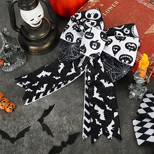 AnyDesign 6 Rolls Halloween Wired Edge Ribbons 30 Yards Bat Spider Web Pumpkin Print Craft Ribbon White Black Spooky Gift Wrapping Ribbon for Wreath Home Party DIY Craft Decoration Supplies