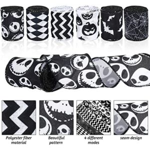 AnyDesign 6 Rolls Halloween Wired Edge Ribbons 30 Yards Bat Spider Web Pumpkin Print Craft Ribbon White Black Spooky Gift Wrapping Ribbon for Wreath Home Party DIY Craft Decoration Supplies