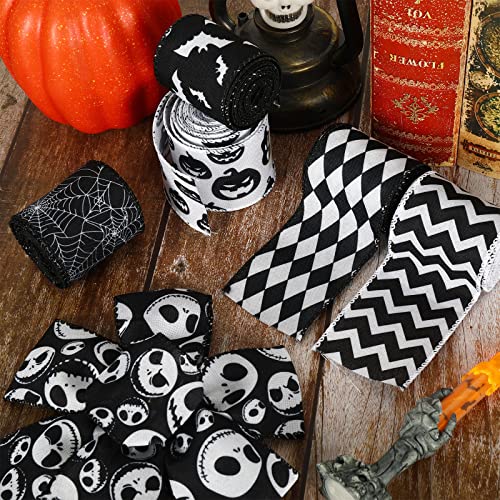 AnyDesign 6 Rolls Halloween Wired Edge Ribbons 30 Yards Bat Spider Web Pumpkin Print Craft Ribbon White Black Spooky Gift Wrapping Ribbon for Wreath Home Party DIY Craft Decoration Supplies