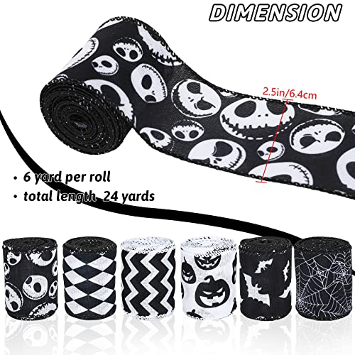 AnyDesign 6 Rolls Halloween Wired Edge Ribbons 30 Yards Bat Spider Web Pumpkin Print Craft Ribbon White Black Spooky Gift Wrapping Ribbon for Wreath Home Party DIY Craft Decoration Supplies