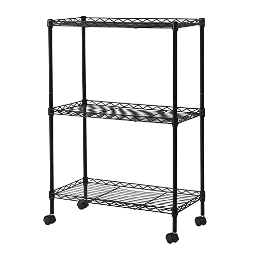 BELANITAS 3 Tier Storage Shelf Wire Shelving Unit with Wheels Steel Shelving Adjustable Metal Storage Rack Metal Shelving Unit Shelves for Pantry, Garage, Basement, Living Room, Kitchen,Black