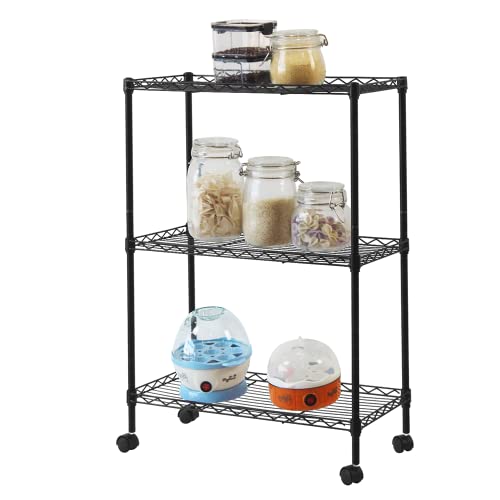 BELANITAS 3 Tier Storage Shelf Wire Shelving Unit with Wheels Steel Shelving Adjustable Metal Storage Rack Metal Shelving Unit Shelves for Pantry, Garage, Basement, Living Room, Kitchen,Black