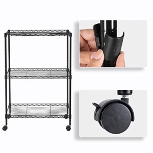 BELANITAS 3 Tier Storage Shelf Wire Shelving Unit with Wheels Steel Shelving Adjustable Metal Storage Rack Metal Shelving Unit Shelves for Pantry, Garage, Basement, Living Room, Kitchen,Black