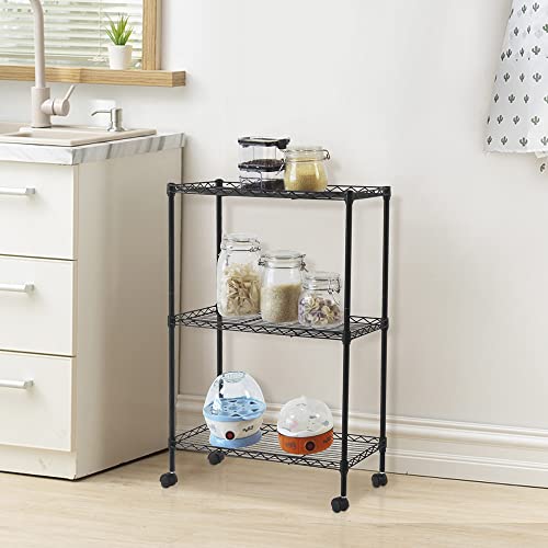 BELANITAS 3 Tier Storage Shelf Wire Shelving Unit with Wheels Steel Shelving Adjustable Metal Storage Rack Metal Shelving Unit Shelves for Pantry, Garage, Basement, Living Room, Kitchen,Black