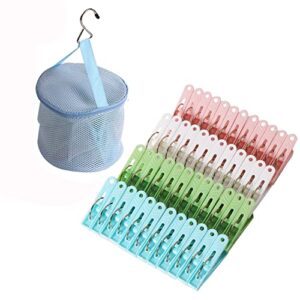 48 pack plastic clothes pins heavy duty outdoor for hanging clothes, colored clothespins clips with springs clothes drying line pegs with mesh clothes pin bag，crafts picture clips food package clips