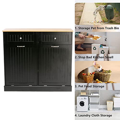 Double Trash Cabinet Tilt Out 20 Gallon, Pet Proof Kitchen Trash Cabinet Laundry Hamper with Cutting Board, Wood Garbage Recycling Station Hideaway Trash Holder Drawers (Black)