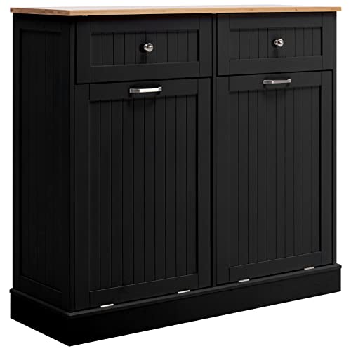 Double Trash Cabinet Tilt Out 20 Gallon, Pet Proof Kitchen Trash Cabinet Laundry Hamper with Cutting Board, Wood Garbage Recycling Station Hideaway Trash Holder Drawers (Black)