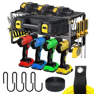 power tool organizer and extention cord holder - garage storage rack for handheld power tools - heavy duty wall mounted utility tool storage shelf with side screwdriver for garage, home, workshop