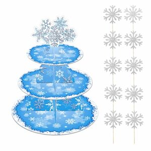 ice princess snowflake cupcake stand, elsa birthday party supplies dessert tower tray, 3 tier cake stand for frozen theme party baby shower birthday winter wonderland christmas party decoration