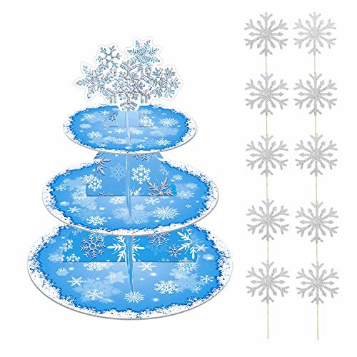 Ice Princess Snowflake Cupcake Stand, Elsa Birthday Party Supplies Dessert Tower Tray, 3 Tier Cake Stand for Frozen Theme Party Baby Shower Birthday Winter Wonderland Christmas Party Decoration