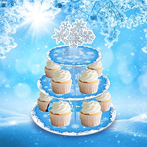 Ice Princess Snowflake Cupcake Stand, Elsa Birthday Party Supplies Dessert Tower Tray, 3 Tier Cake Stand for Frozen Theme Party Baby Shower Birthday Winter Wonderland Christmas Party Decoration