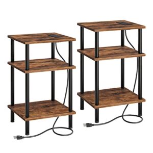 hoobro set of 2 side tables with charging station and usb ports, 3-layer stackable nightstand, 23.2 inches end table for small space in bedroom, living room, industrial style, rustic brown bf10ubzp201