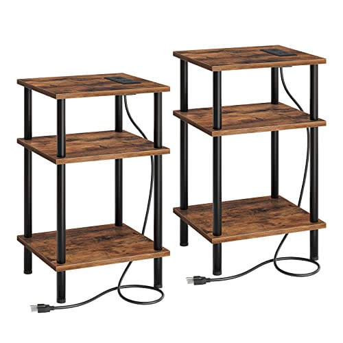 HOOBRO Set of 2 Side Tables with Charging Station and USB Ports, 3-Layer Stackable Nightstand, 23.2 Inches End Table for Small Space in Bedroom, Living Room, Industrial Style, Rustic Brown BF10UBZP201