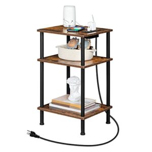 HOOBRO Set of 2 Side Tables with Charging Station and USB Ports, 3-Layer Stackable Nightstand, 23.2 Inches End Table for Small Space in Bedroom, Living Room, Industrial Style, Rustic Brown BF10UBZP201