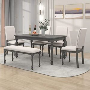 merax 6-piece wood rectangular table set with turned legs, 4 upholstered chairs and bench for dining room, grey+beige_6pcs