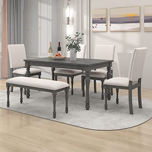 Merax 6-Piece Wood Rectangular Table Set with Turned Legs, 4 Upholstered Chairs and Bench for Dining Room, Grey+Beige_6pcs