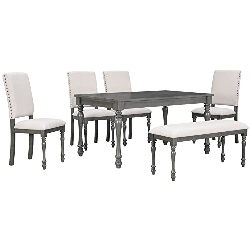 Merax 6-Piece Wood Rectangular Table Set with Turned Legs, 4 Upholstered Chairs and Bench for Dining Room, Grey+Beige_6pcs